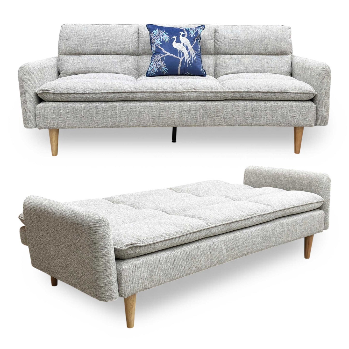 Full view of the 'Chill' 3-seater click-clack sofa bed in Natural fabric, featuring a minimalist Scandinavian design, clean vertical stitching, and light wood tapered legs.