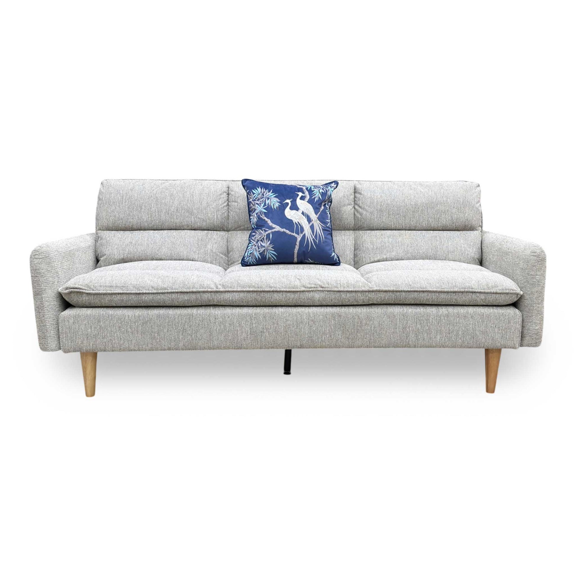 Front view of the 'Chill' Natural Fabric 3 Seater Sofa Bed, demonstrating the simple transition from upright seating to a flat sleeping surface.