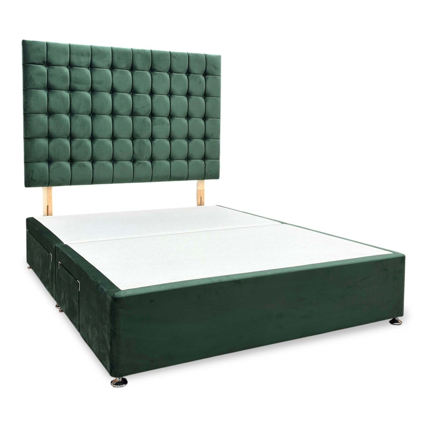 Side perspective of the king-size divan set, illustrating the layout of the integrated pull-out storage drawers built into the fabric-wrapped base.