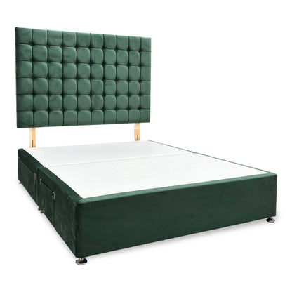 Side perspective of the king-size divan set, illustrating the layout of the integrated pull-out storage drawers built into the fabric-wrapped base.