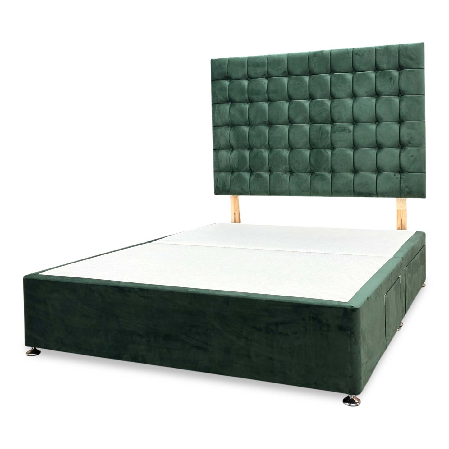 Low-angle view focusing on the clean tailored fabric corner finishes of the divan base sections and its heavy-duty low-profile glide feet.