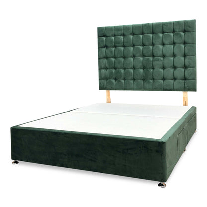 Low-angle view focusing on the clean tailored fabric corner finishes of the divan base sections and its heavy-duty low-profile glide feet.
