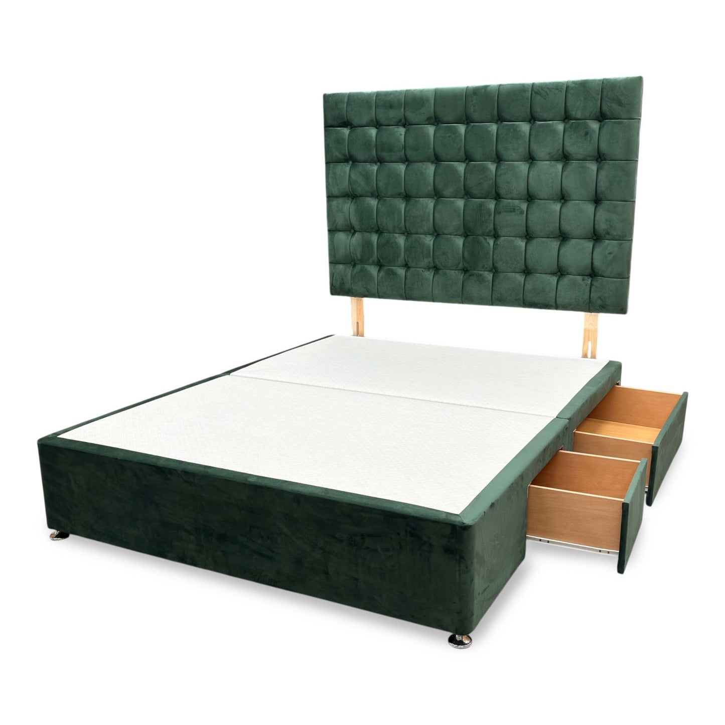 Detailed view of the headboard mounting brackets and secure structural connection points linking the floor-standing or strutted back panel to the bed base.
