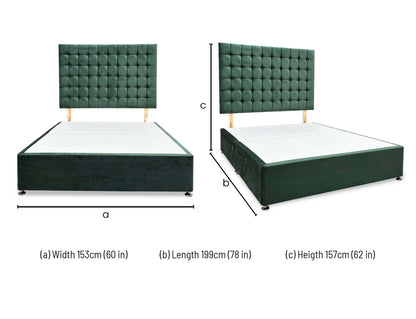 dimensions and structural layout diagram for the Furniture Village ‘Dice’ Plush Emerald Green Velvet Headboard and 4-Drawer Divan Base in King Size