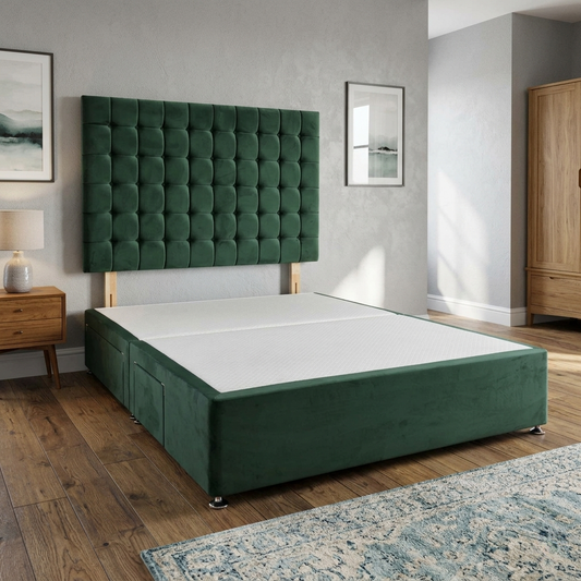 Bed room View Furniture Village ‘Dice’ king-size divan bed frame, showcasing a plush emerald green velvet headboard and a matching upholstered 4-drawer divan base.