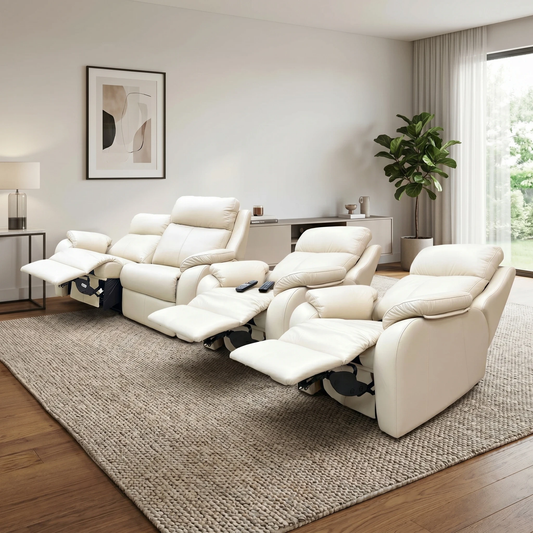 G Plan ‘Kingsbury’ L843 Cambridge Stone Leather Set: 2 Seater Power Recliner Sofa & 2 x Chair with Power Headrests & Power Lumbar