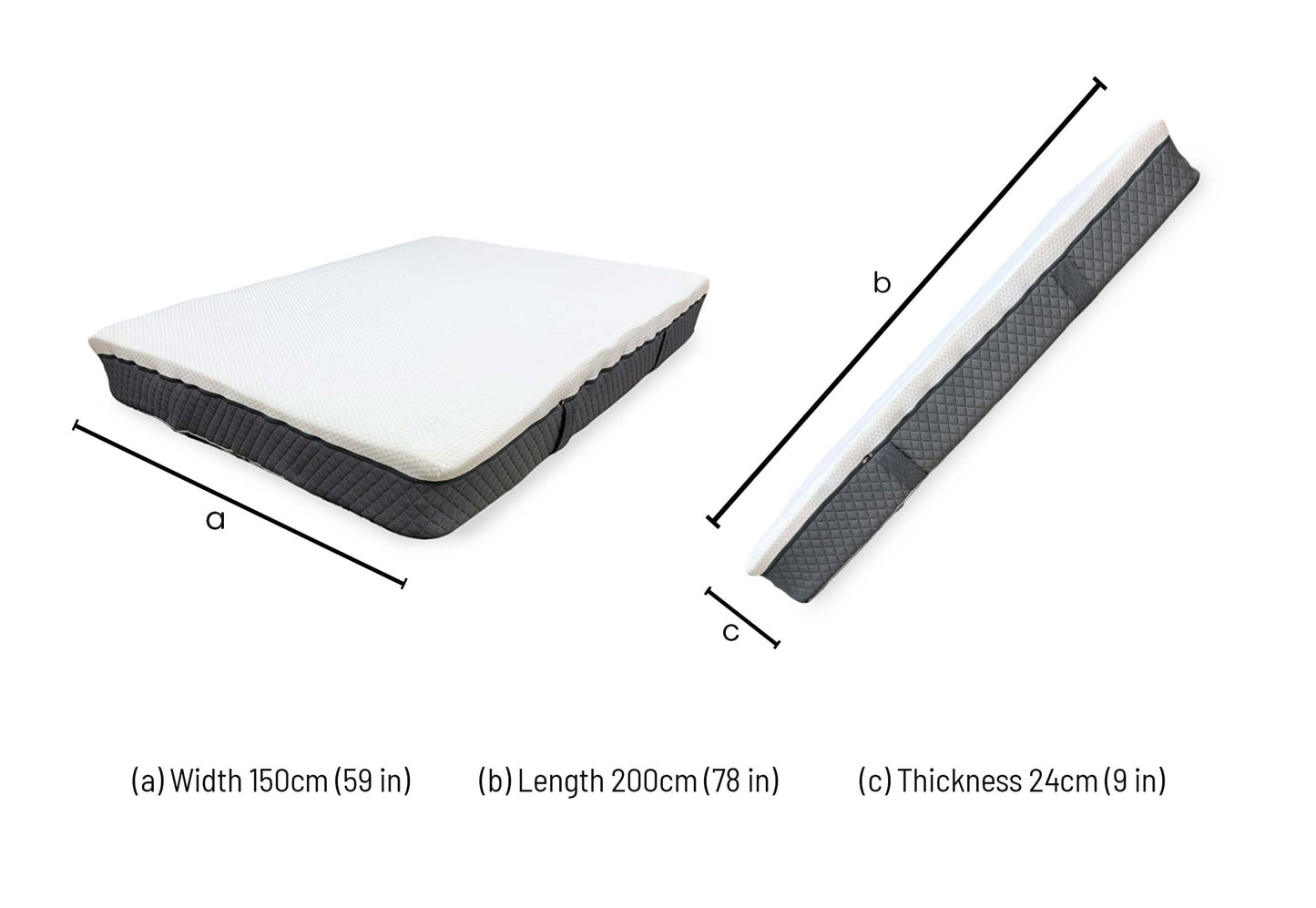 Technical dimensions blueprint and bedroom layout planning schematic for the ‘Emma Original’ Hypoallergenic Spring-Free Foam King Size Mattress.