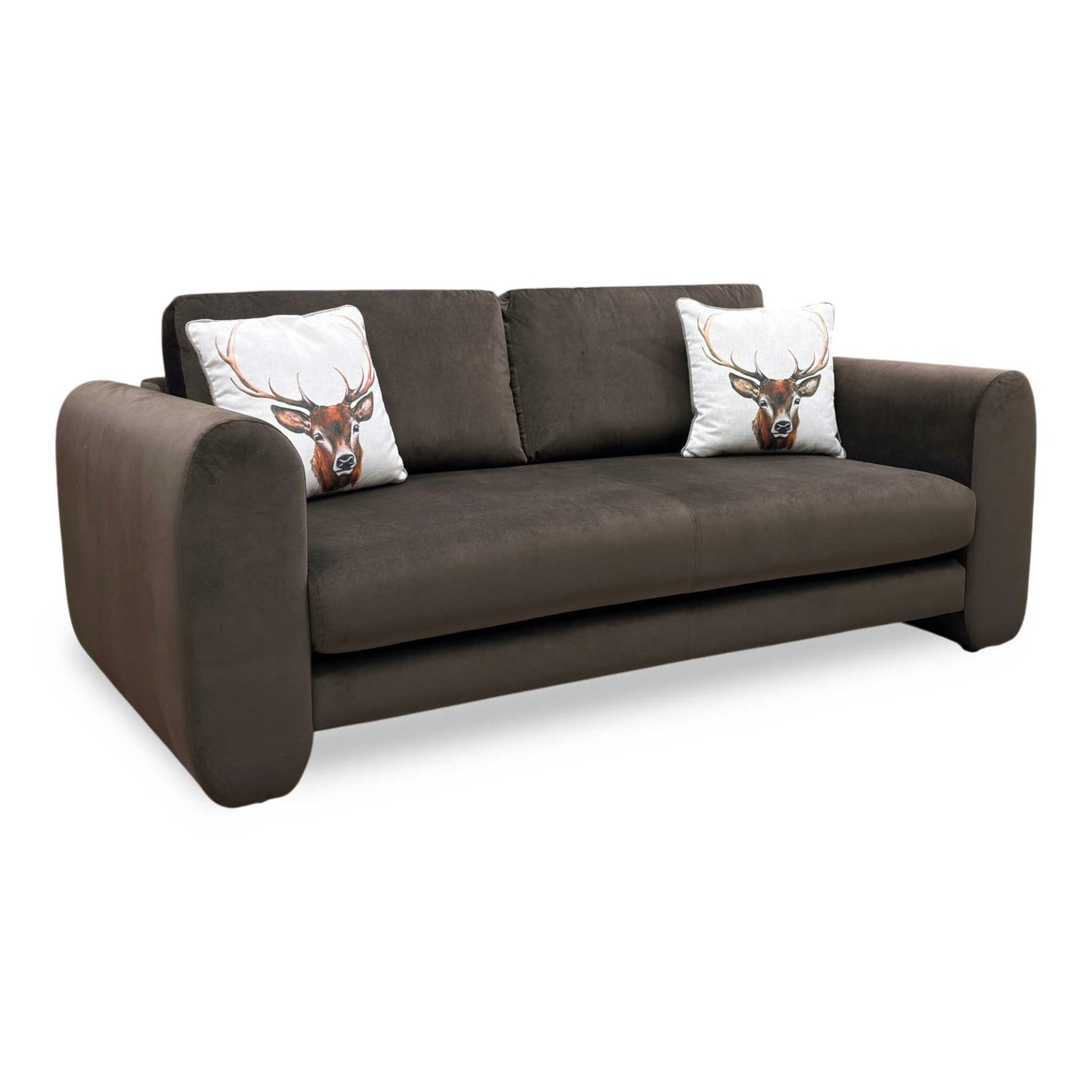 Full View The ‘Maserati’ Stella 3-seater sofa, upholstered in sumptuous, rich brown velvet, showcasing its sleek modern silhouette and generous deep seating design.