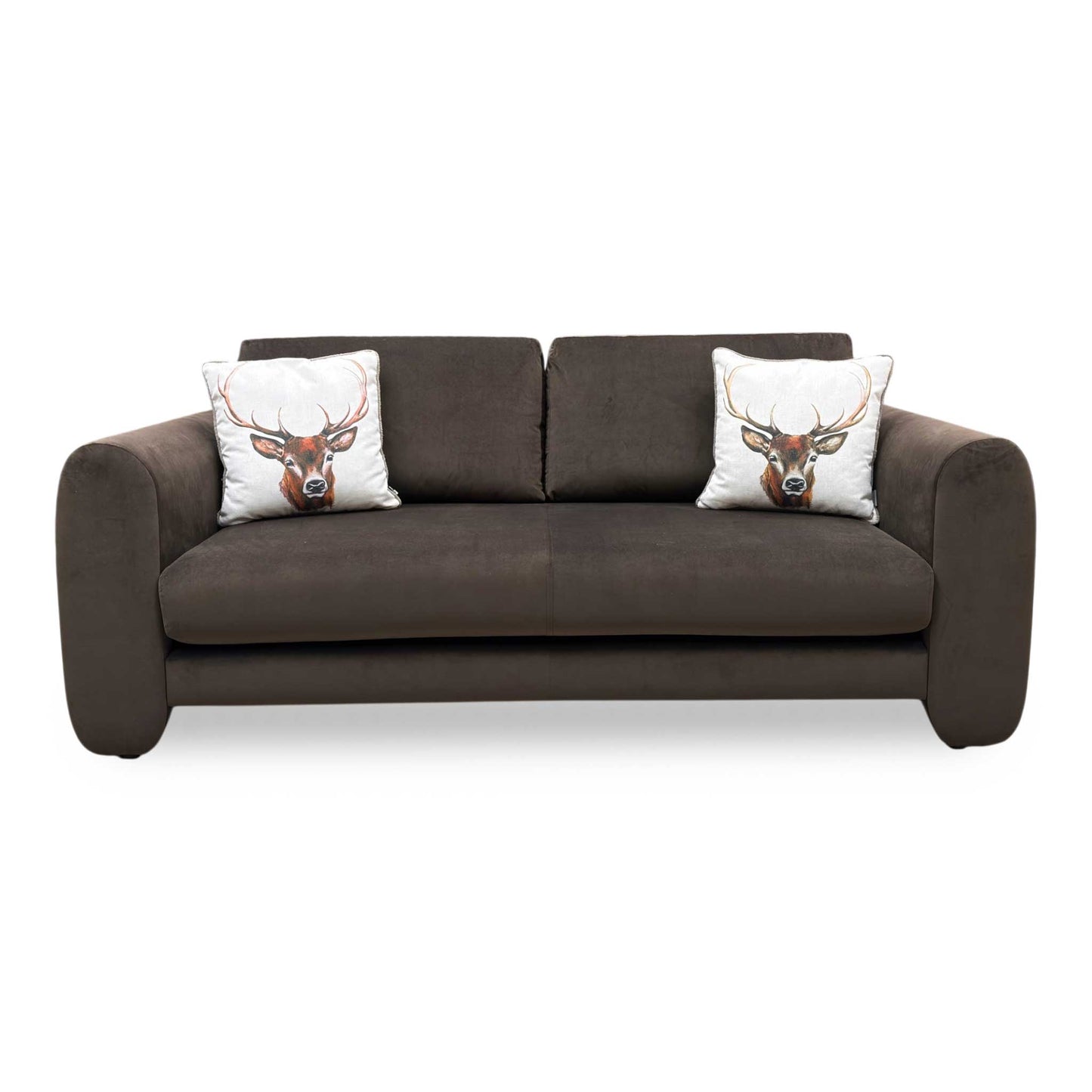 Front-facing shot of the Maserati 3-seater brown velvet sofa, highlighting the luxurious fabric sheen and neat, clean-lined cushioning.