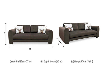 dimensions and specifications for the ‘Maserati’ Stella Brown Velvet 3 Seater Sofa.