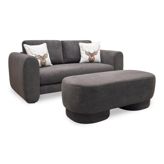 Full View DFS ‘Mazetti’ compact 2-seater sofa and matching bench footstool set, upholstered in soft Palmero plain fabric in a warm praline brown color.