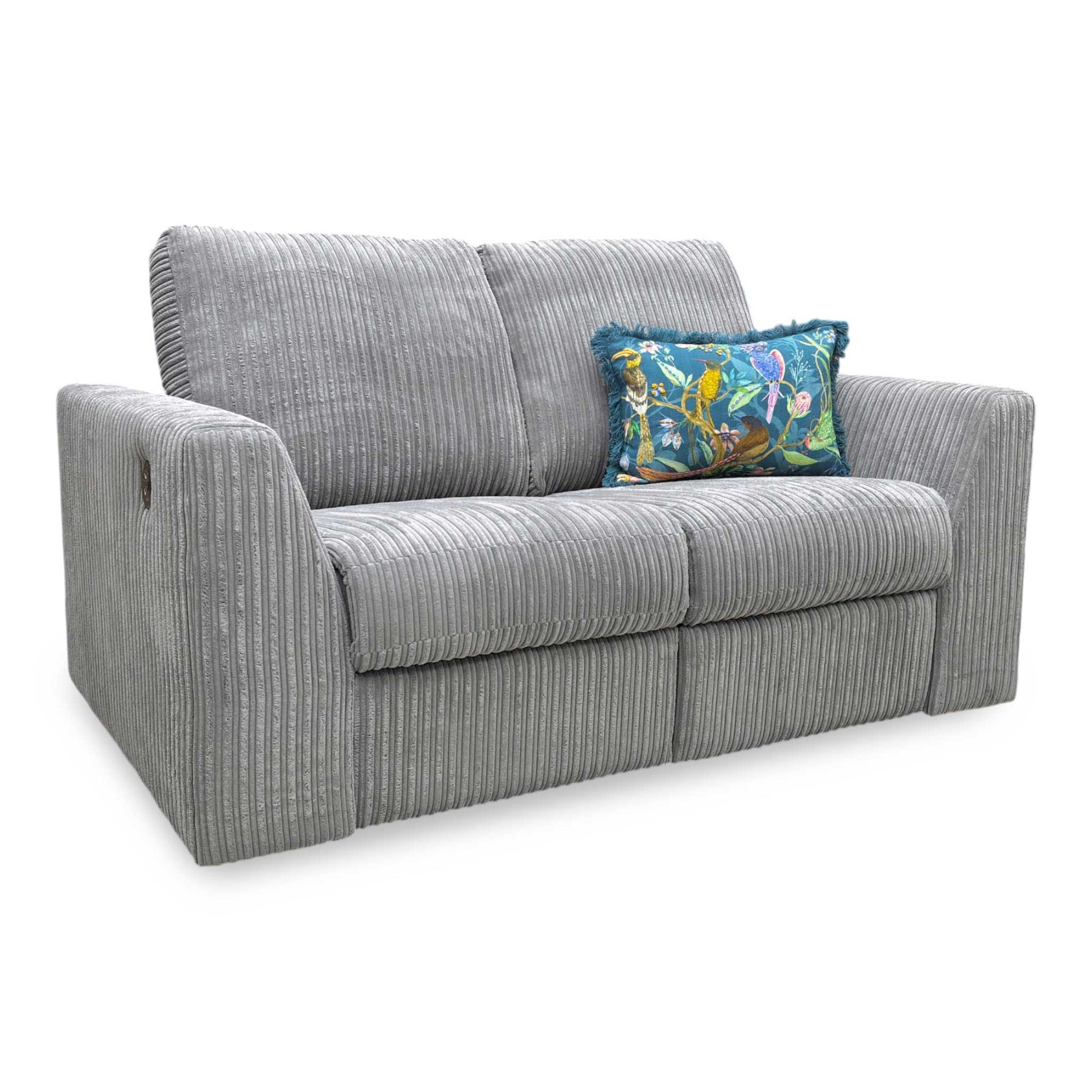 Side profile of the 2-seater recliner sofa in its closed position, showcasing its compact 96cm depth, robust frame, and high back support.