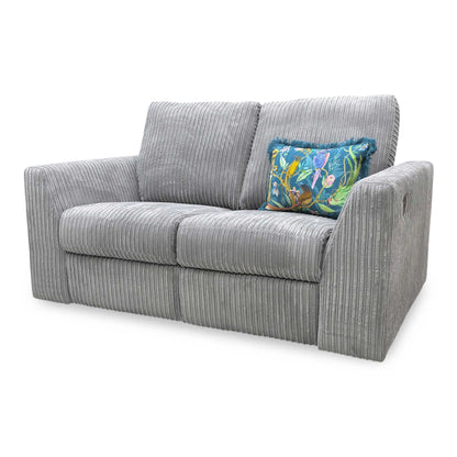 Rear perspective of the 2-seater sofa, illustrating the fully finished slate grey jumbo cord fabric wrapping around the back frame.
