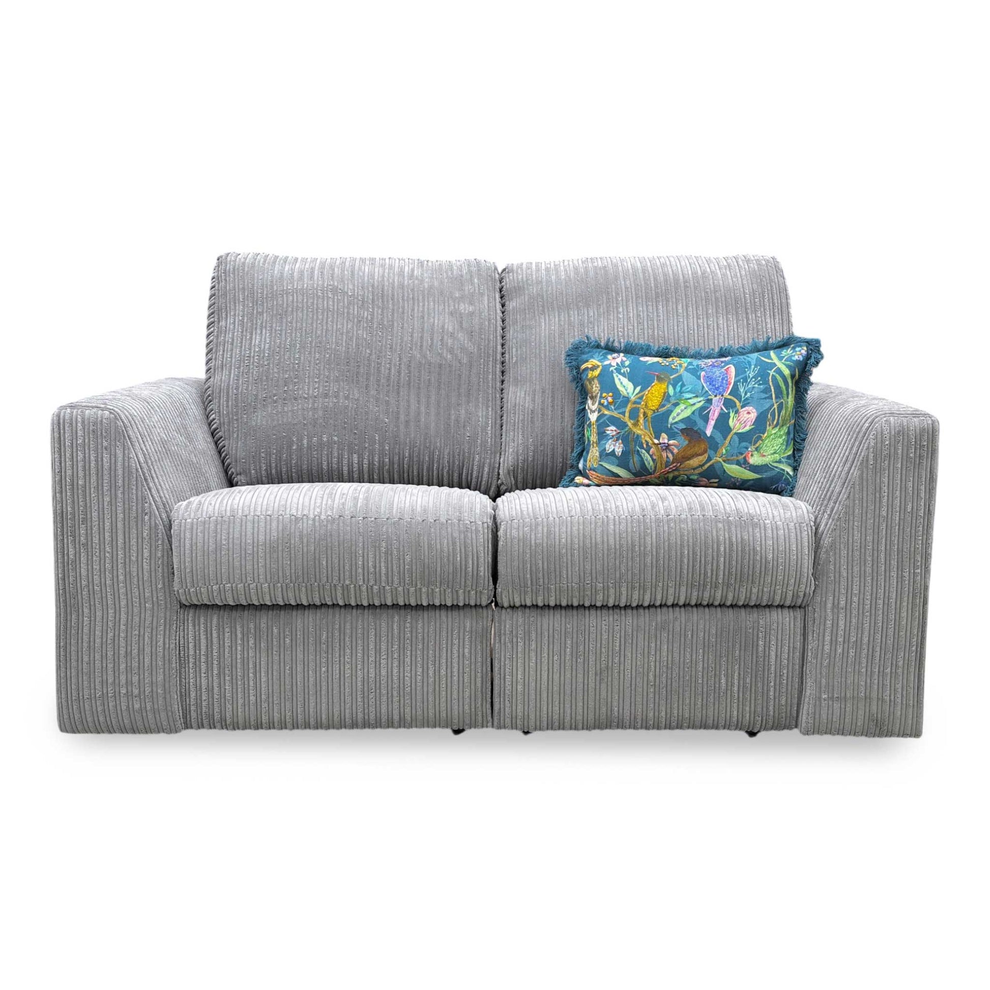 Front-facing view of the Heydon 2-seater sofa, highlighting the split backrest cushioning, plush armrests, and clean modern lines.