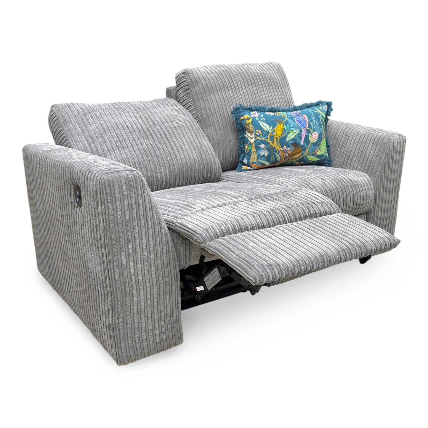 Full View DFS ‘Heydon’ 2-seater power recliner sofa, upholstered in soft, textured slate grey jumbo cord fabric with integrated power reclining seats.
