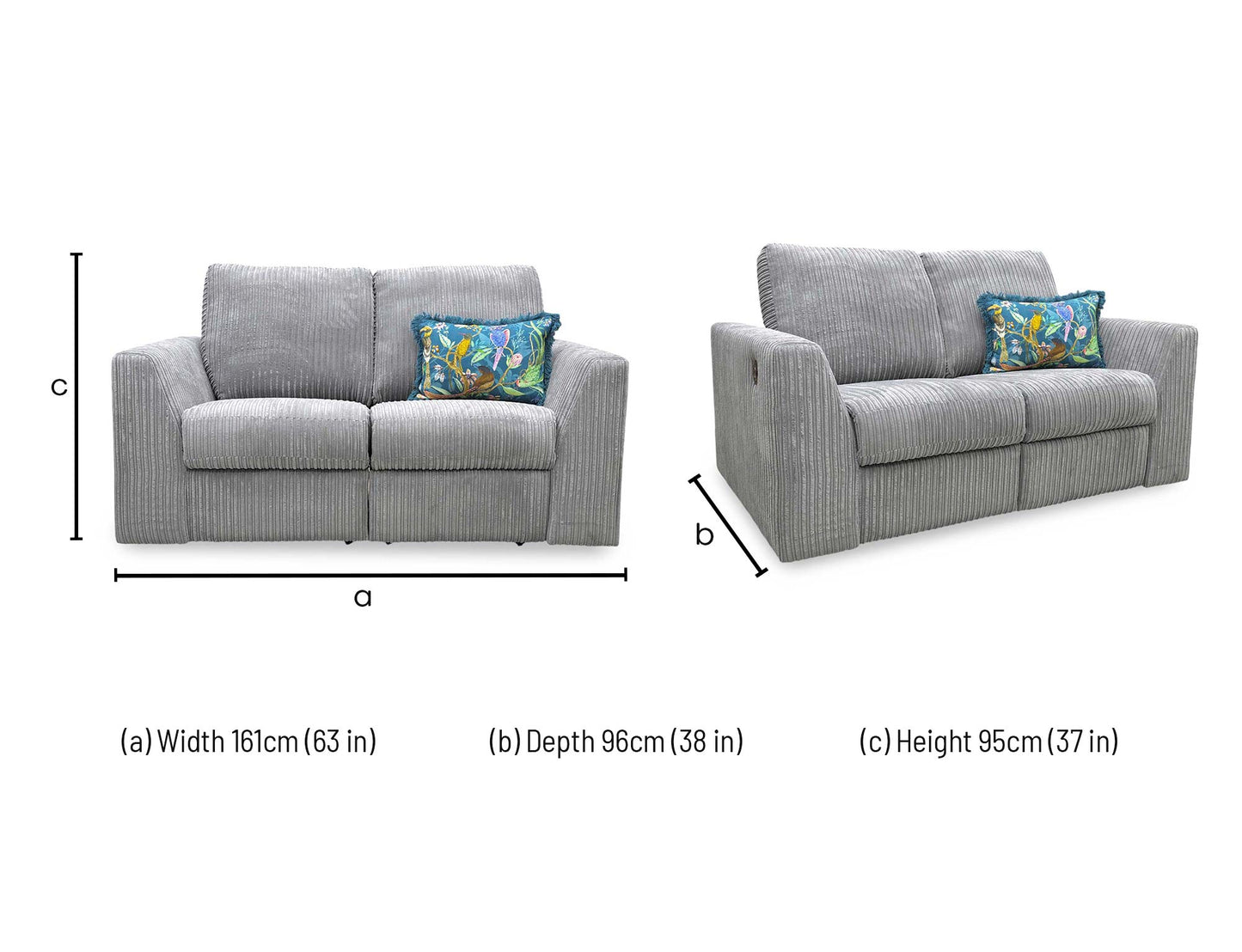 dimensions and layout specifications for the DFS ‘Heydon’ Slate Grey Jumbo Cord 2 Seater Power Recliner Sofa.