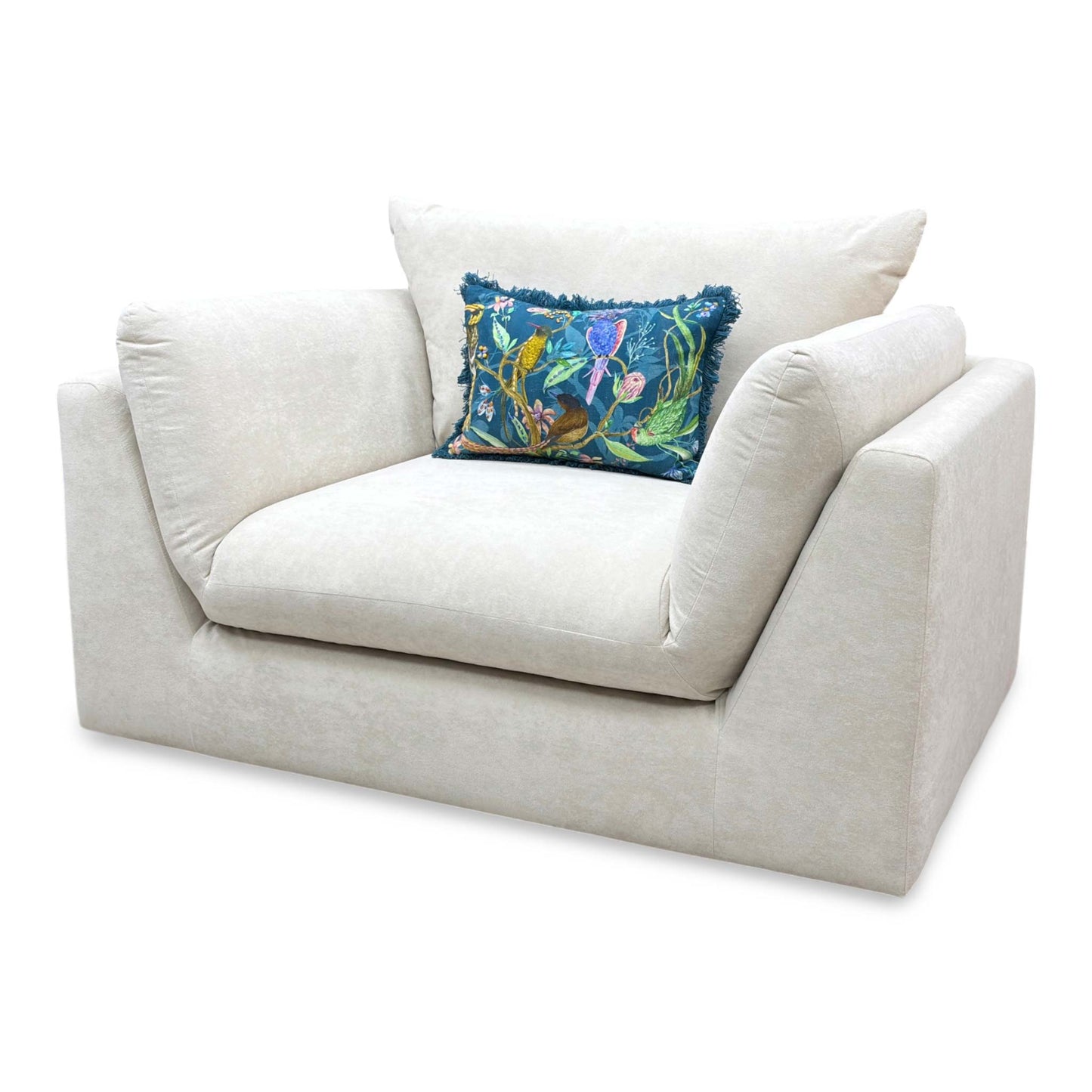 Side profile view highlighting the 100cm frame depth, neat piped stitching borders, and clean lines of the backrest structure.