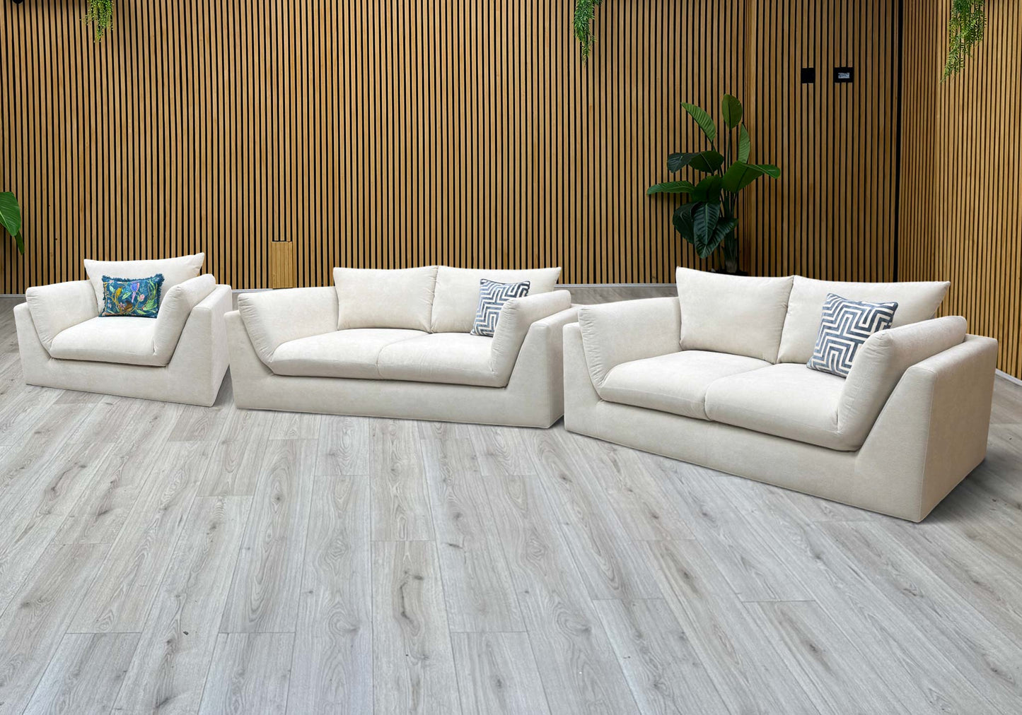 ‘Kalista’ Cream Palmero Plain Velvet 3 + 2 Seater Sofa with Cuddler Set