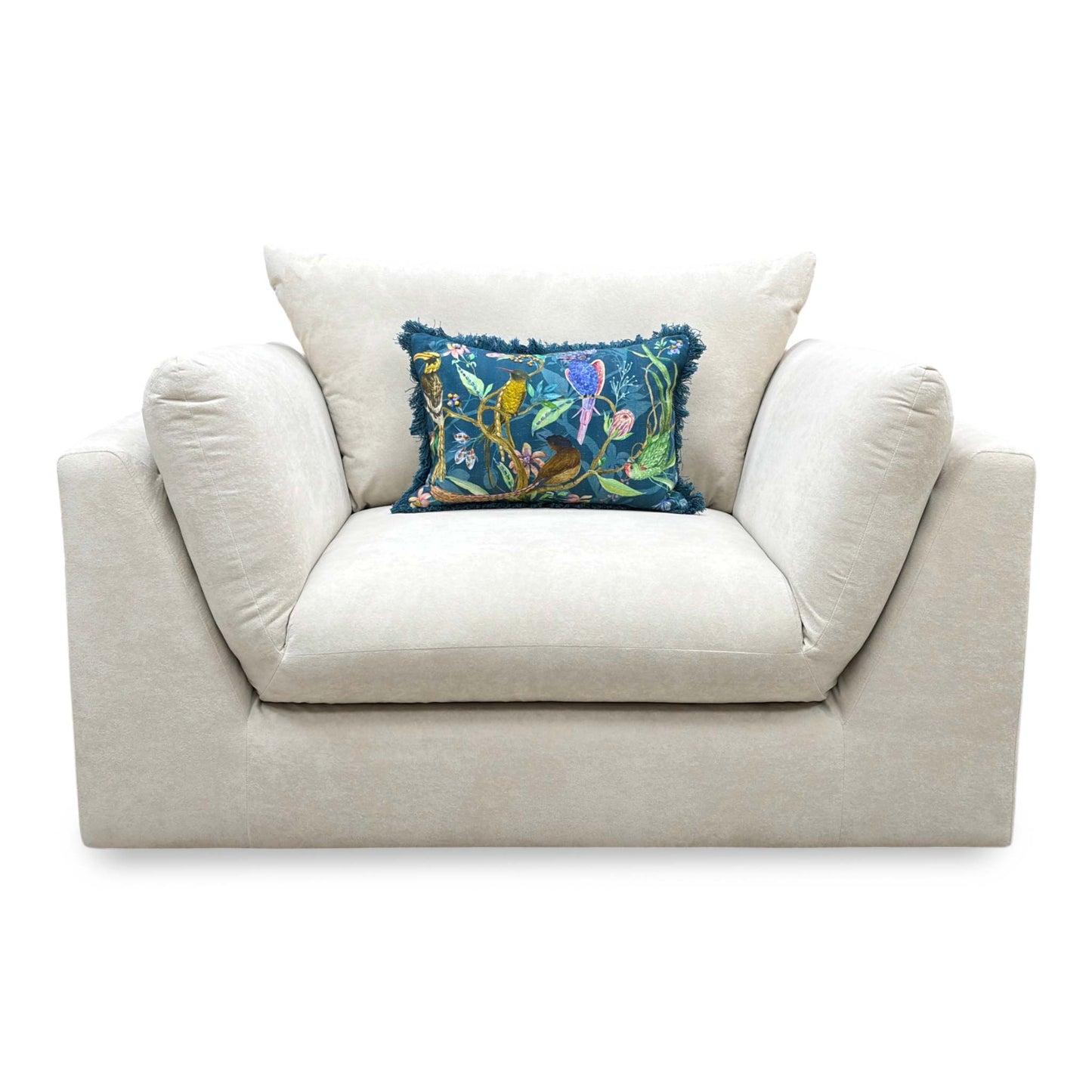 Front-facing look at the cream velvet cuddler chair, highlighting the spacious deep seating area and plump backrest support cushion.