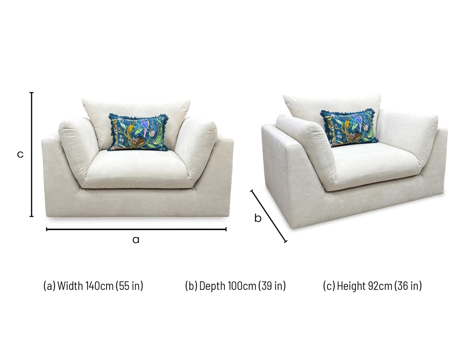 dimensions and structural schematic layout for the DFS ‘Kalista’ Cream Palmero Plain Velvet Cuddler Chair.