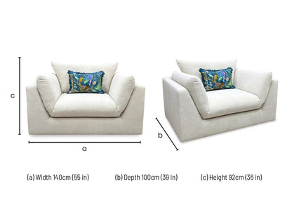 dimensions and structural schematic layout for the DFS ‘Kalista’ Cream Palmero Plain Velvet Cuddler Chair.