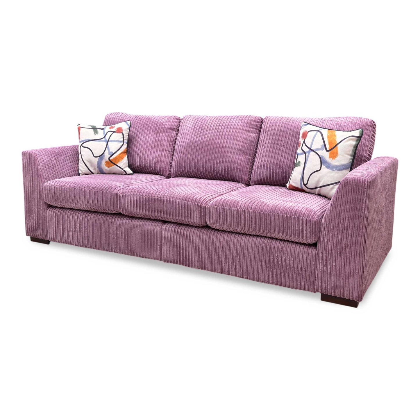 Three-quarter angle perspective of the lilac purple sofa, emphasizing its depth, cozy ribbed corduroy fabric finish, and split frame design line.