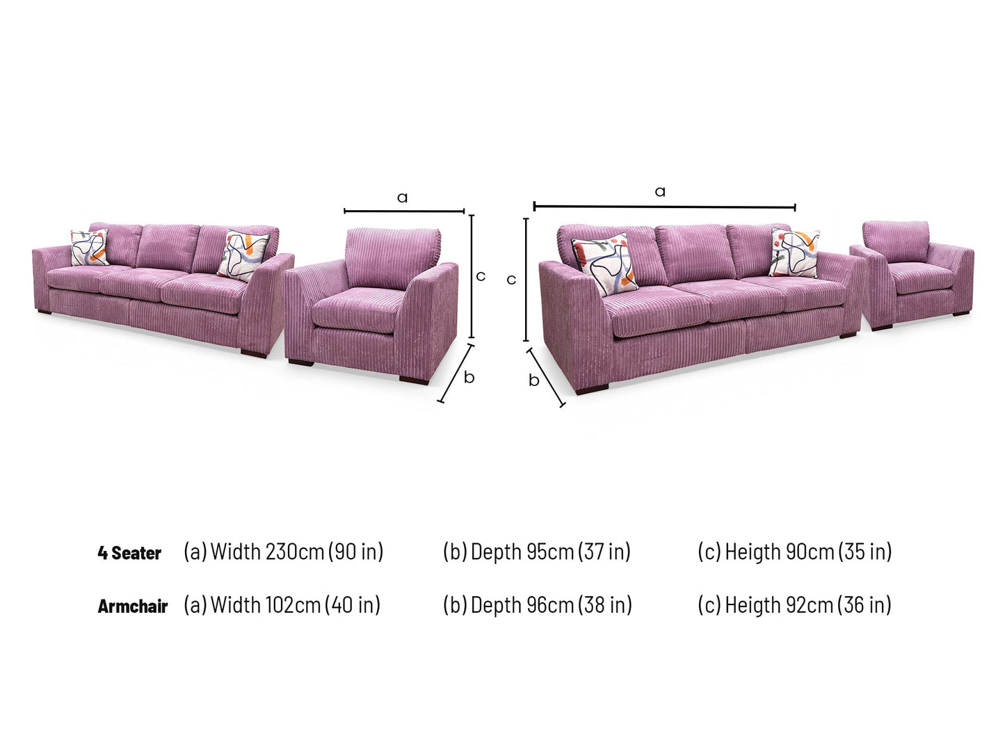 ‘Heydon’ Lilac Purple Marley Jumbo Cord 4 Seater Split Frame Sofa + Armchair - product photo 5
