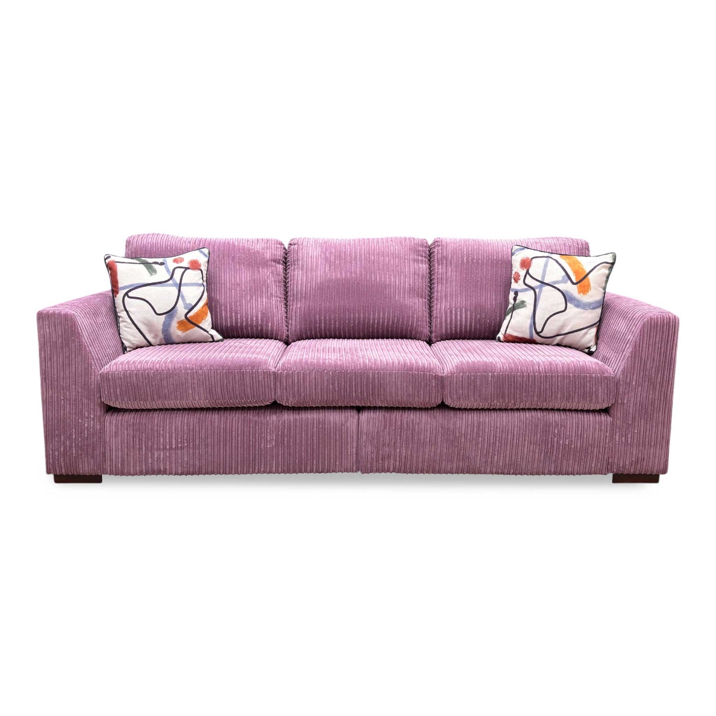 Front profile look of the 4-seater jumbo cord sofa, highlighting the generous twin seat cushions, plush scatter-style back cushions, and wide track armrests.