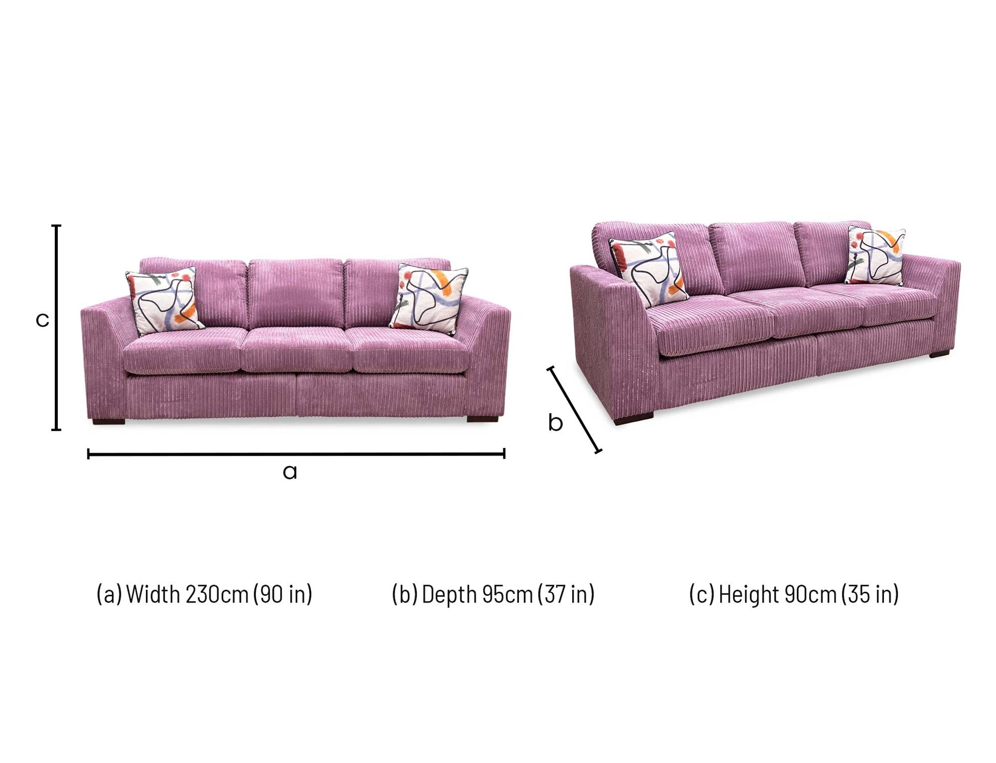 dimensions blueprint and structural layout metrics for the DFS ‘Heydon’ Lilac Purple Marley Jumbo Cord 4-Seater Split Frame Sofa.