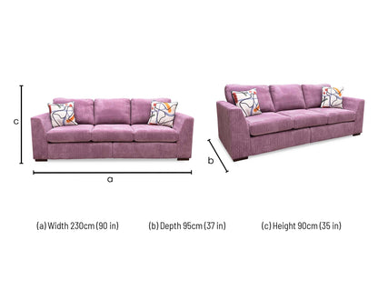 dimensions blueprint and structural layout metrics for the DFS ‘Heydon’ Lilac Purple Marley Jumbo Cord 4-Seater Split Frame Sofa.