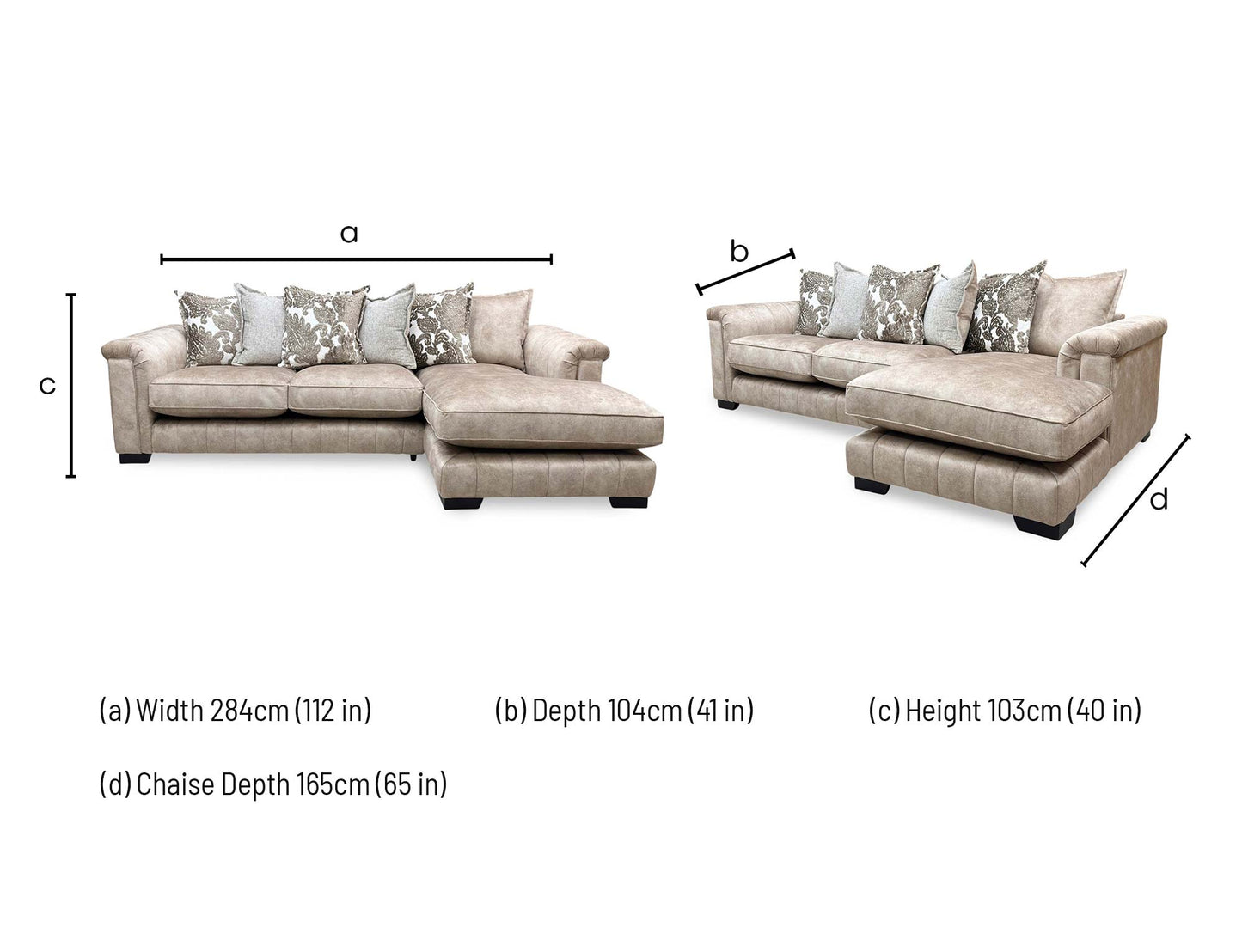 dimension diagram and configuration metrics for the DFS ‘Dolcie’ Caramel Combination Dolcie Velvet Pillow Back Right Hand Facing 3 Seat Chaise Sofa.