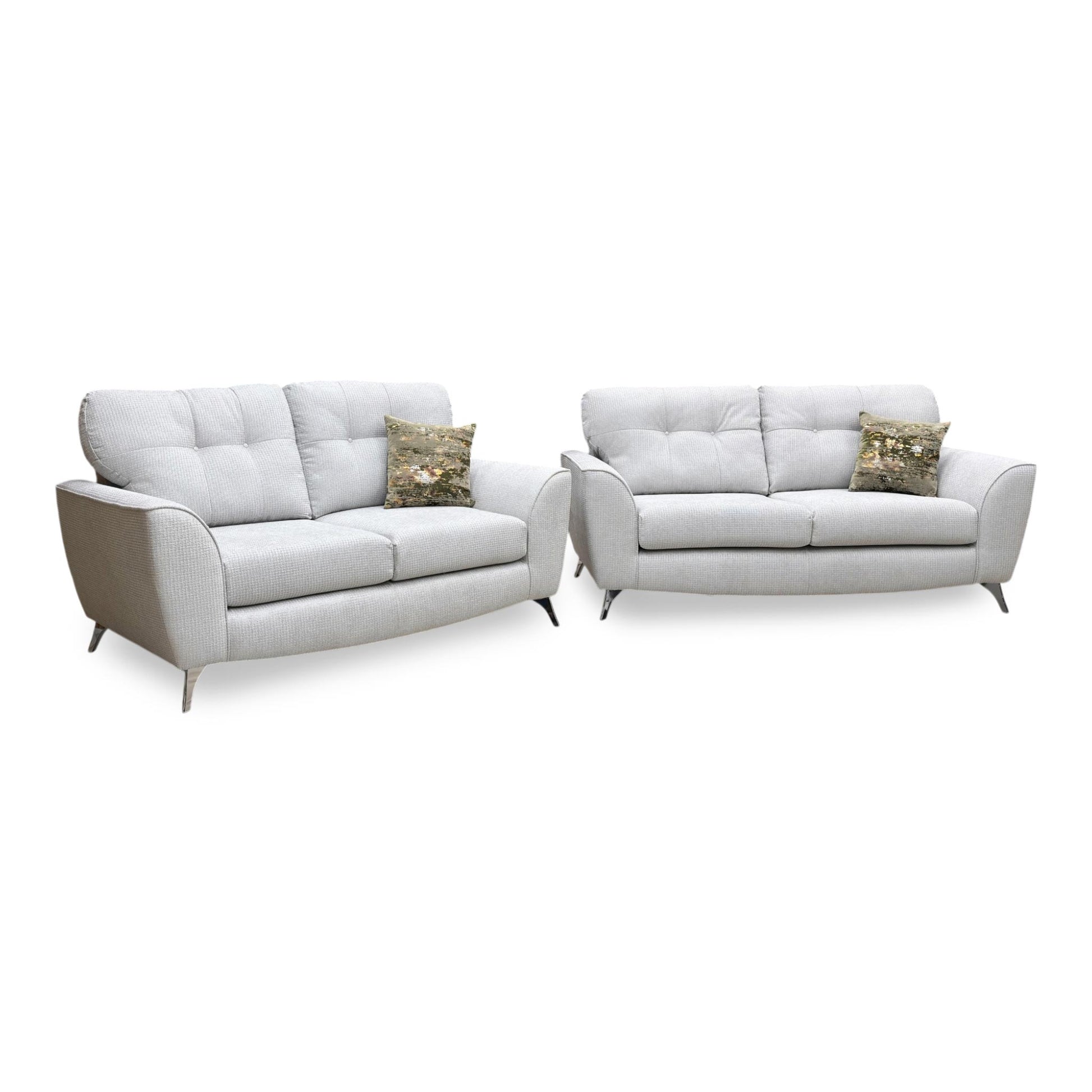 Full View DFS ‘Dawson’ 2-piece lounge suite, featuring a matching 3-seater and 2-seater sofa set upholstered in a durable silver plain woven fabric.