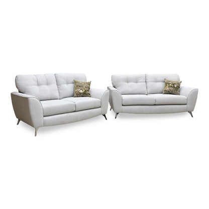 Full View DFS ‘Dawson’ 2-piece lounge suite, featuring a matching 3-seater and 2-seater sofa set upholstered in a durable silver plain woven fabric.