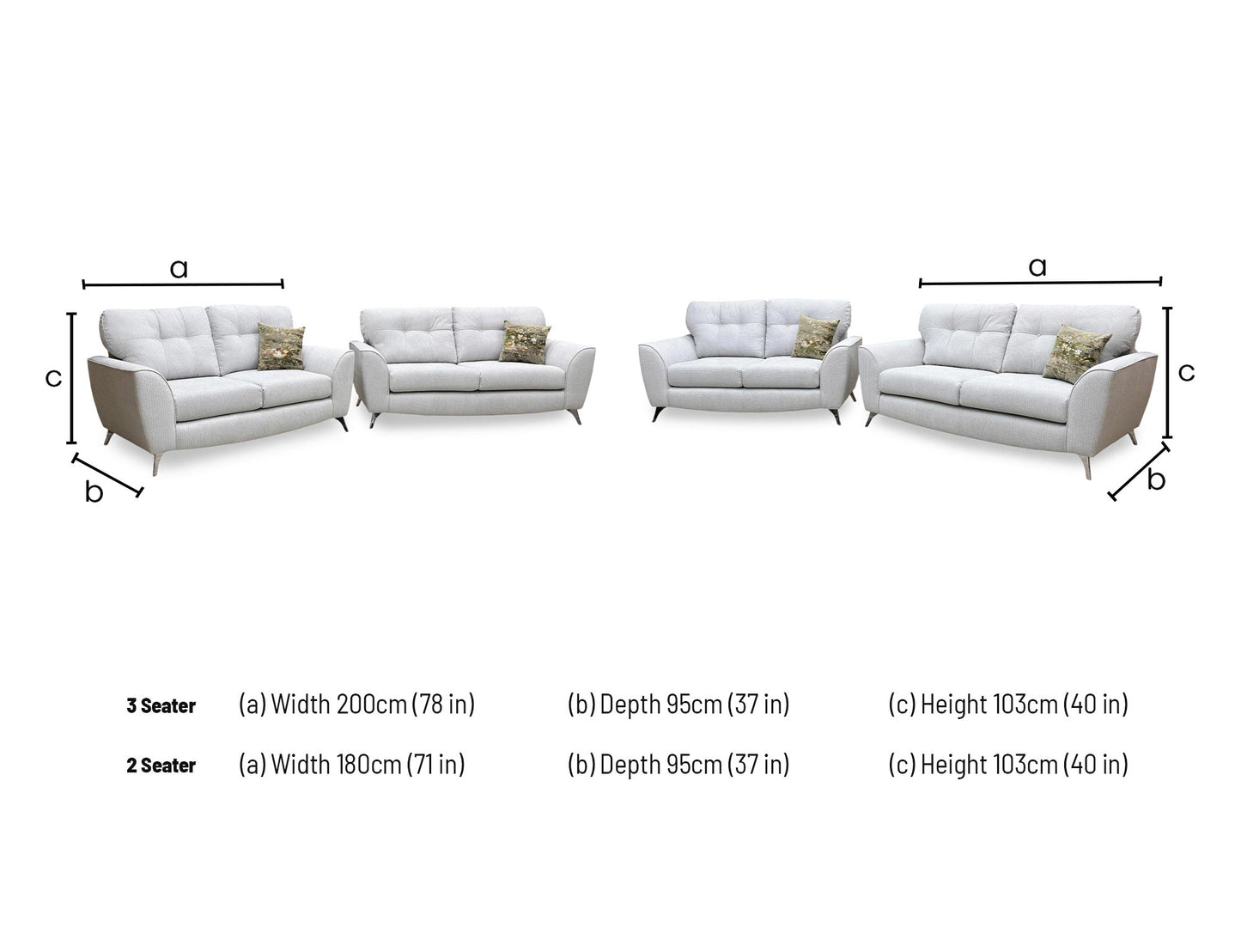 dimension diagram and structural layout layout blueprint for the DFS ‘Dawson’ Silver Plain Fabric 3 + 2 Seater Sofa Set. Sizing metrics for the 3-Seater