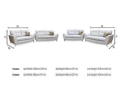 dimension diagram and structural layout layout blueprint for the DFS ‘Dawson’ Silver Plain Fabric 3 + 2 Seater Sofa Set. Sizing metrics for the 3-Seater