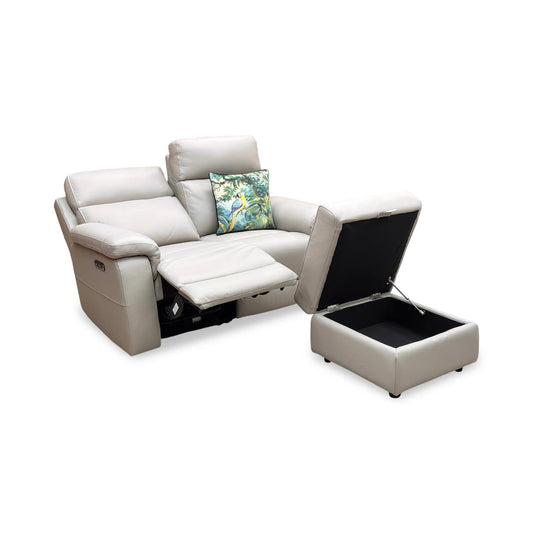 Full view of the ‘Raven’ Oslo Lead Grey Leather 2-Seater Power Recliner Sofa alongside its matching storage footstool, featuring a sleek contemporary design.