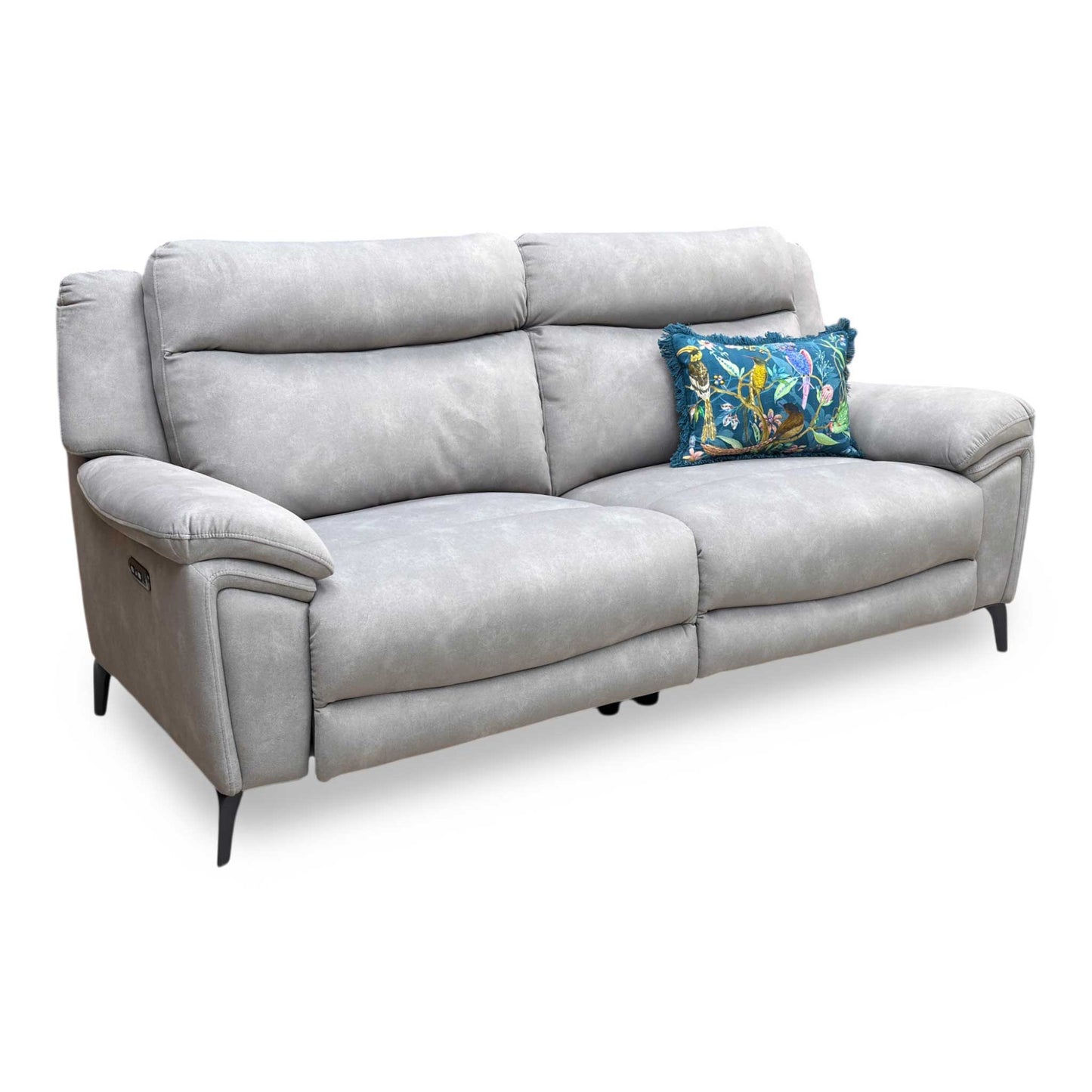 Side profile of the Panache power recliner sofa, emphasizing its structural silhouette, comfortable deep seat depth, and wall clearance needed for full recline.