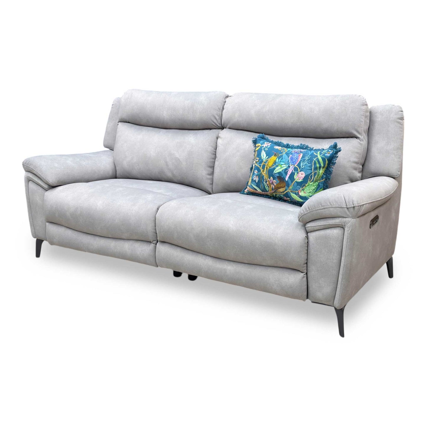 Side profile of the Panache power recliner sofa, emphasizing its structural silhouette, comfortable deep seat depth, and wall clearance needed for full recline.