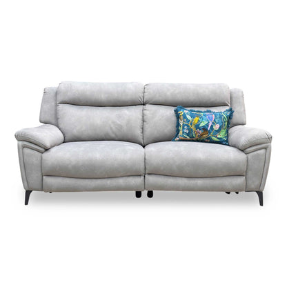 Front view of the Panache Dexter Stone 3-Seater Power Recliner Sofa, demonstrating the smooth power recline motion, adjustable headrests, and fabric texture.