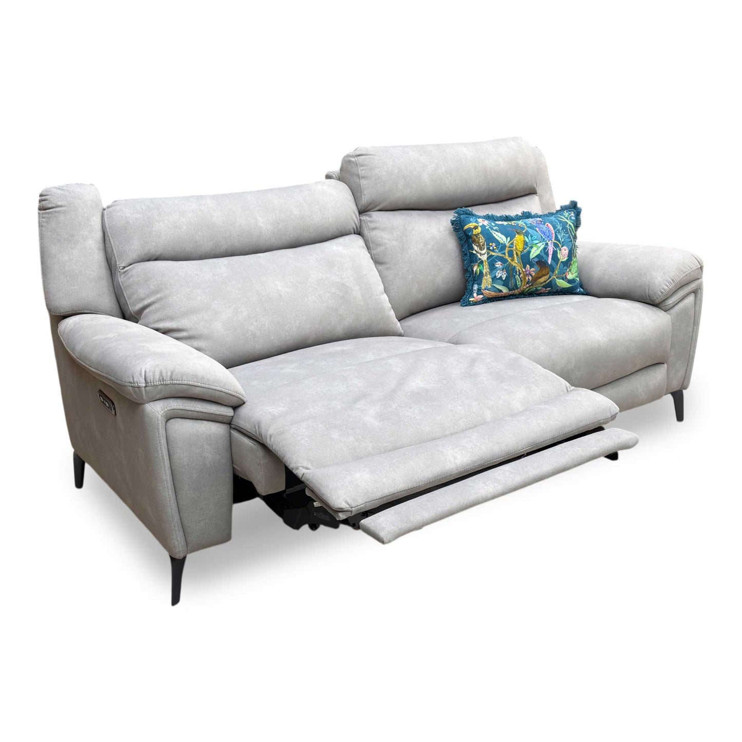 Full view of the Panache 3-seater power recliner sofa upholstered in Dexter Stone grey fabric, featuring a contemporary design, supportive high back cushions, and integrated power controls.