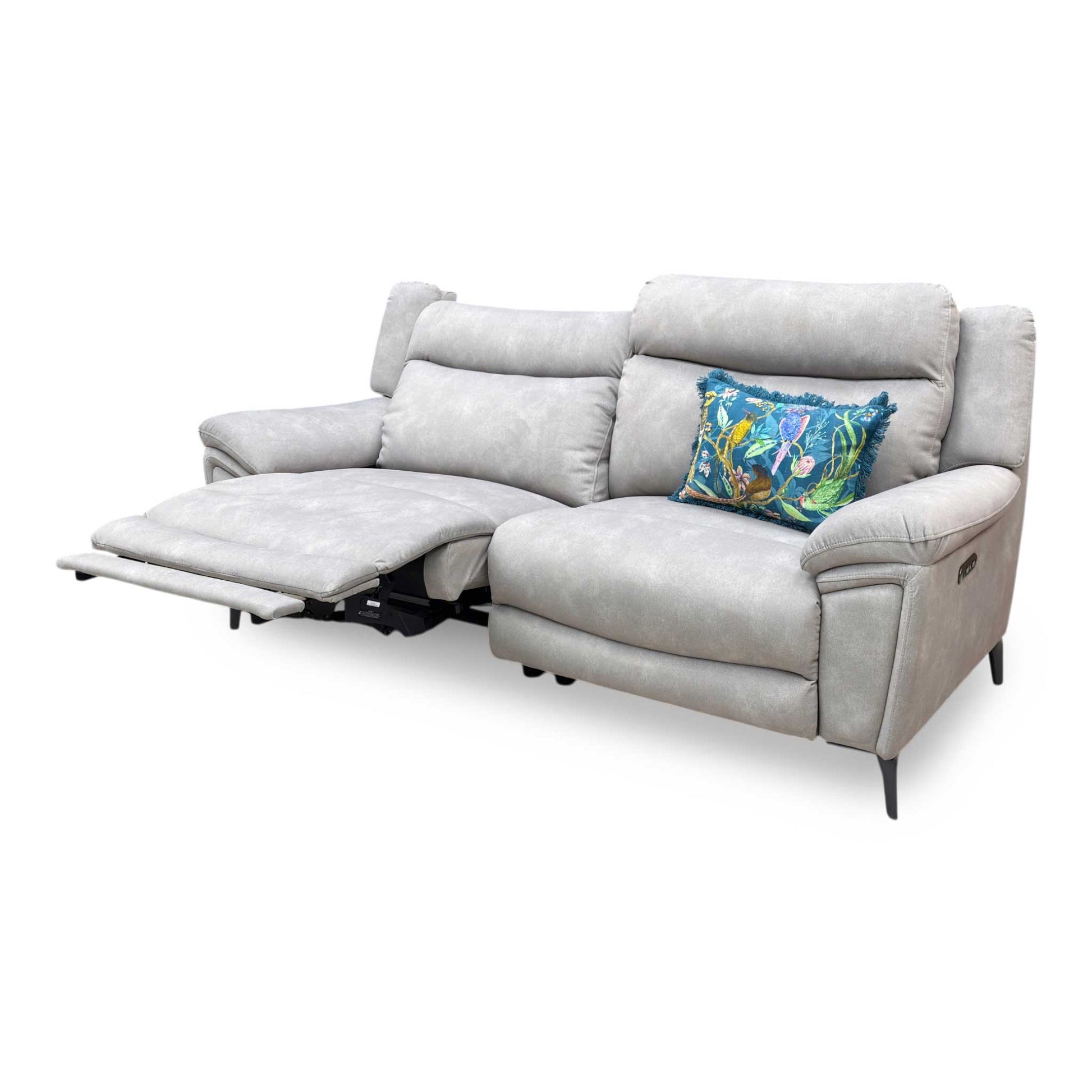 Side profile of the Panache power recliner sofa, emphasizing its structural silhouette, comfortable deep seat depth, and wall clearance needed for full recline.