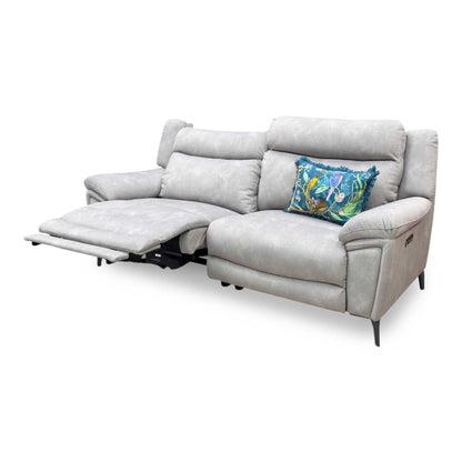 Side profile of the Panache power recliner sofa, emphasizing its structural silhouette, comfortable deep seat depth, and wall clearance needed for full recline.