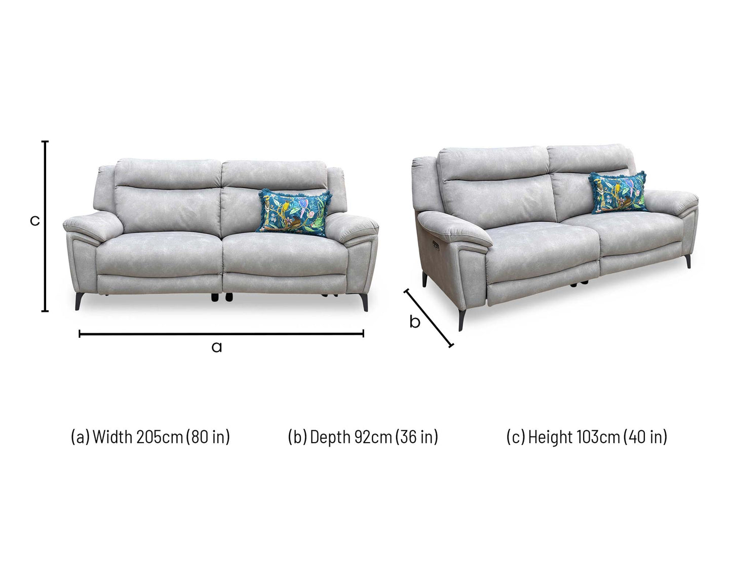 Technical dimension diagram for the Panache Dexter Stone 3-Seater Power Recliner Sofa, detailing structural measurements for overall width, depth, and height.