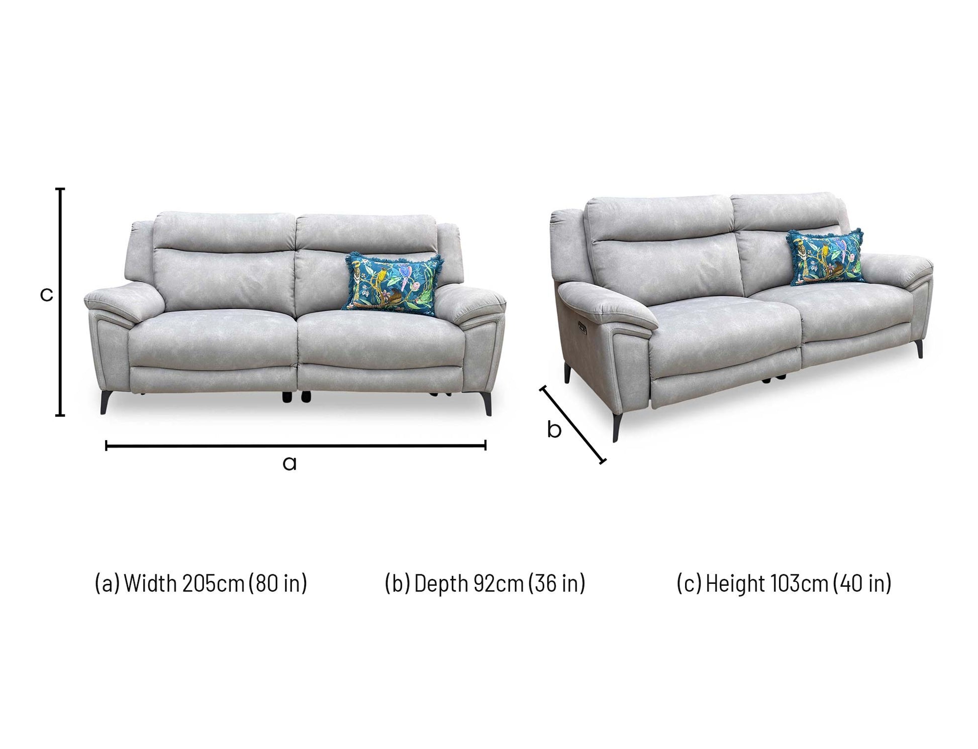 Technical dimension diagram for the Panache Dexter Stone 3-Seater Power Recliner Sofa, detailing structural measurements for overall width, depth, and height.