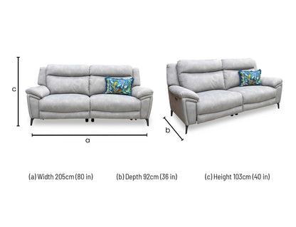 Technical dimension diagram for the Panache Dexter Stone 3-Seater Power Recliner Sofa, detailing structural measurements for overall width, depth, and height.