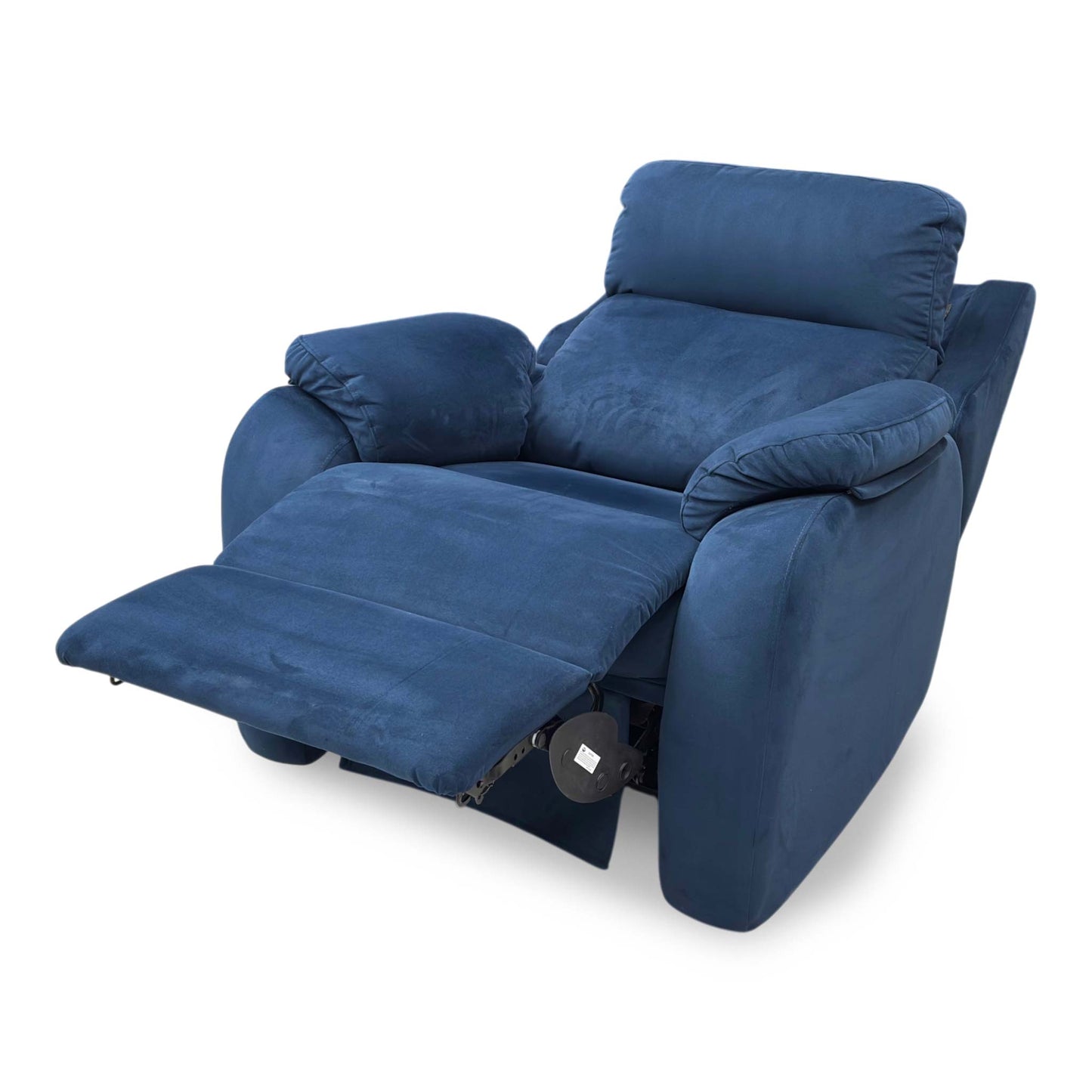 Side view of the G Plan ‘Kingsbury’ Navy Blue Velvet Power Recliner Chair, showcasing its majestic silhouette, deep-set back cushions, and luxurious navy upholstery.