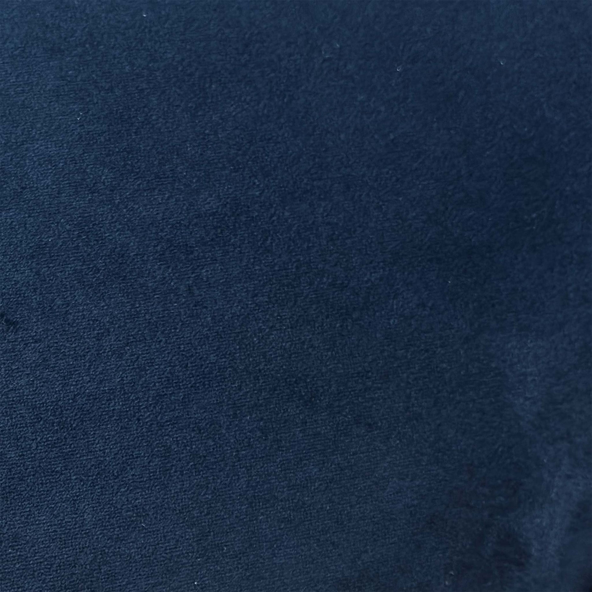 Close-up detail of the Navy Blue velvet fabric texture, emphasizing the ultra-soft touch finish, rich deep color, and premium tailored stitching.