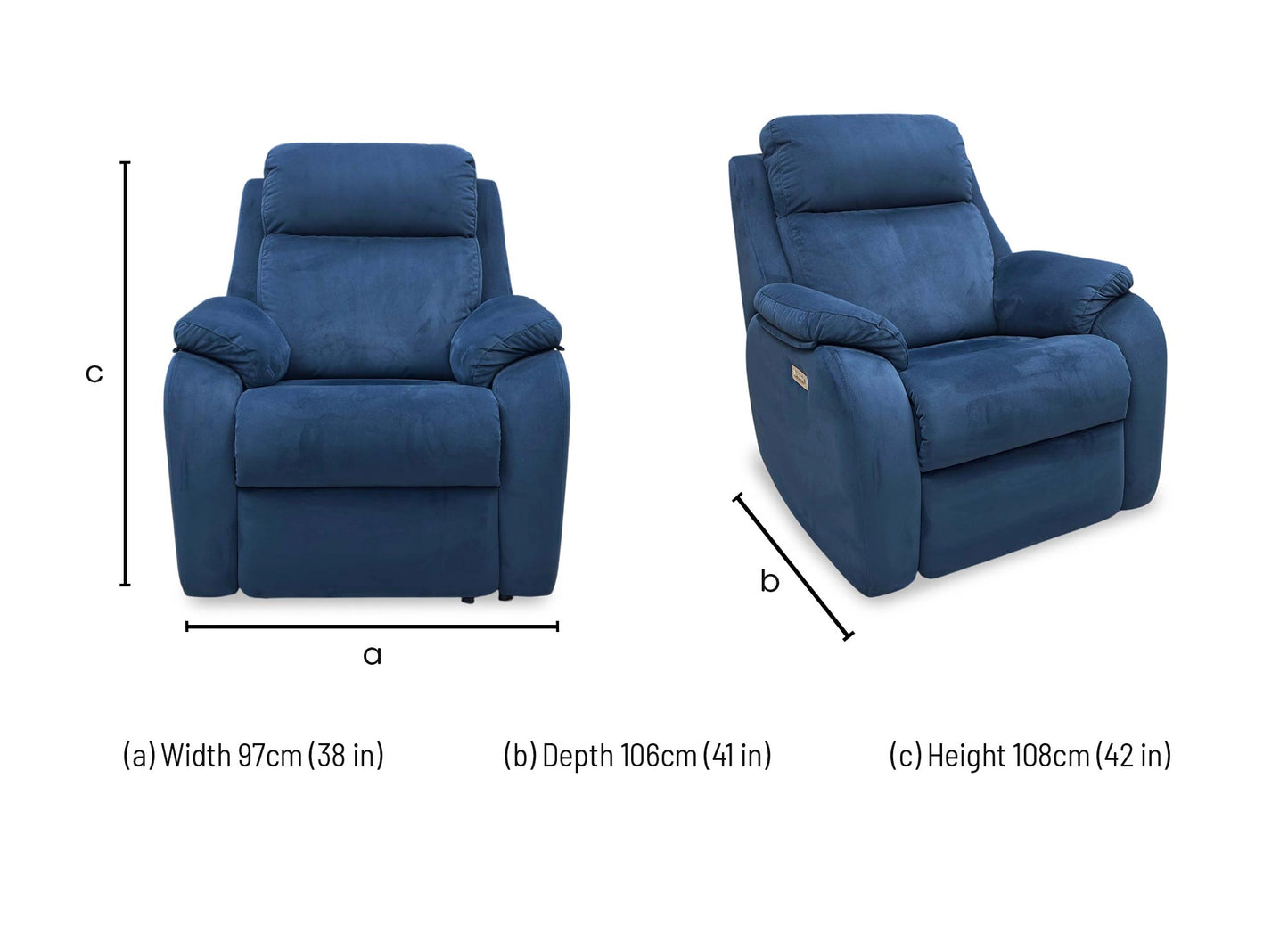 Technical dimension diagram for the G Plan ‘Kingsbury’ Navy Blue Velvet Power Recliner Chair: Width 102cm, Depth 100cm, Height 107cm.