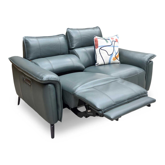 Full view of the ‘Jude’ Oslo Peacock Green Leather 3-Seater Power Recliner Sofa, featuring clean contemporary lines, split back cushions, and a striking deep teal-green leather upholstery.