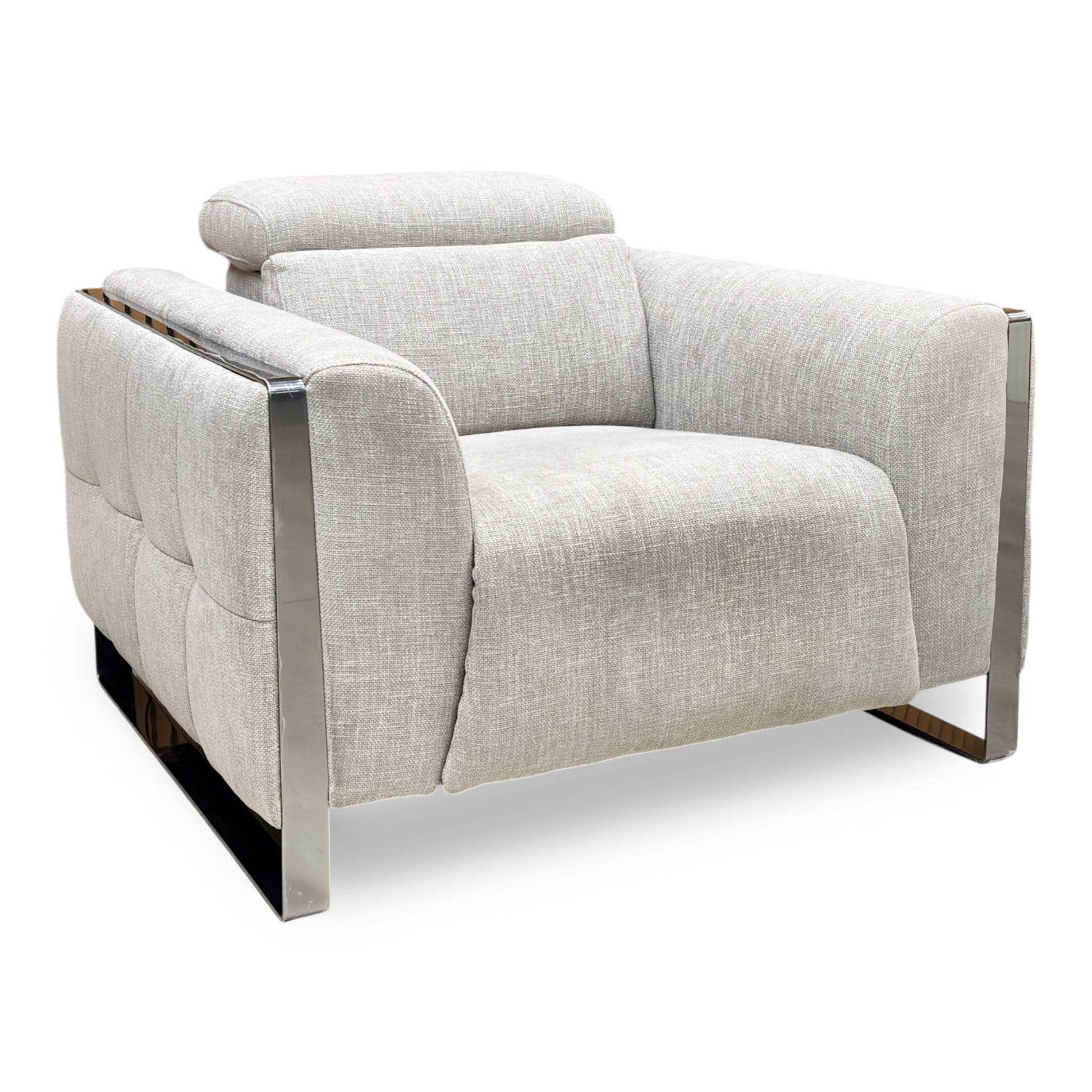 Side view of the Gisella Anivia Khaki Power Recliner Chair, demonstrating the quiet motor operation, custom headrest positioning, and fabric texture.